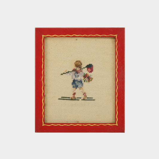 Vintage Needlepoint of Boy with Bouquet and Bindle (or Butterfly Catcher?)