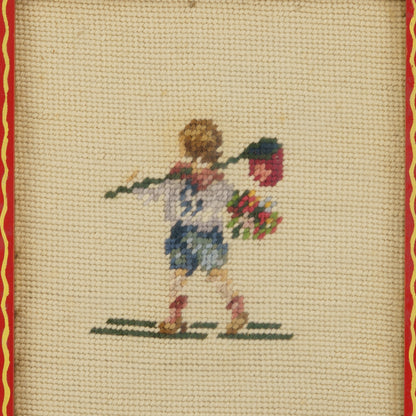 Vintage Needlepoint of Boy with Bouquet and Bindle (or Butterfly Catcher?)