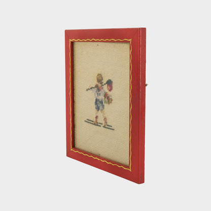 Vintage Needlepoint of Boy with Bouquet and Bindle (or Butterfly Catcher?)