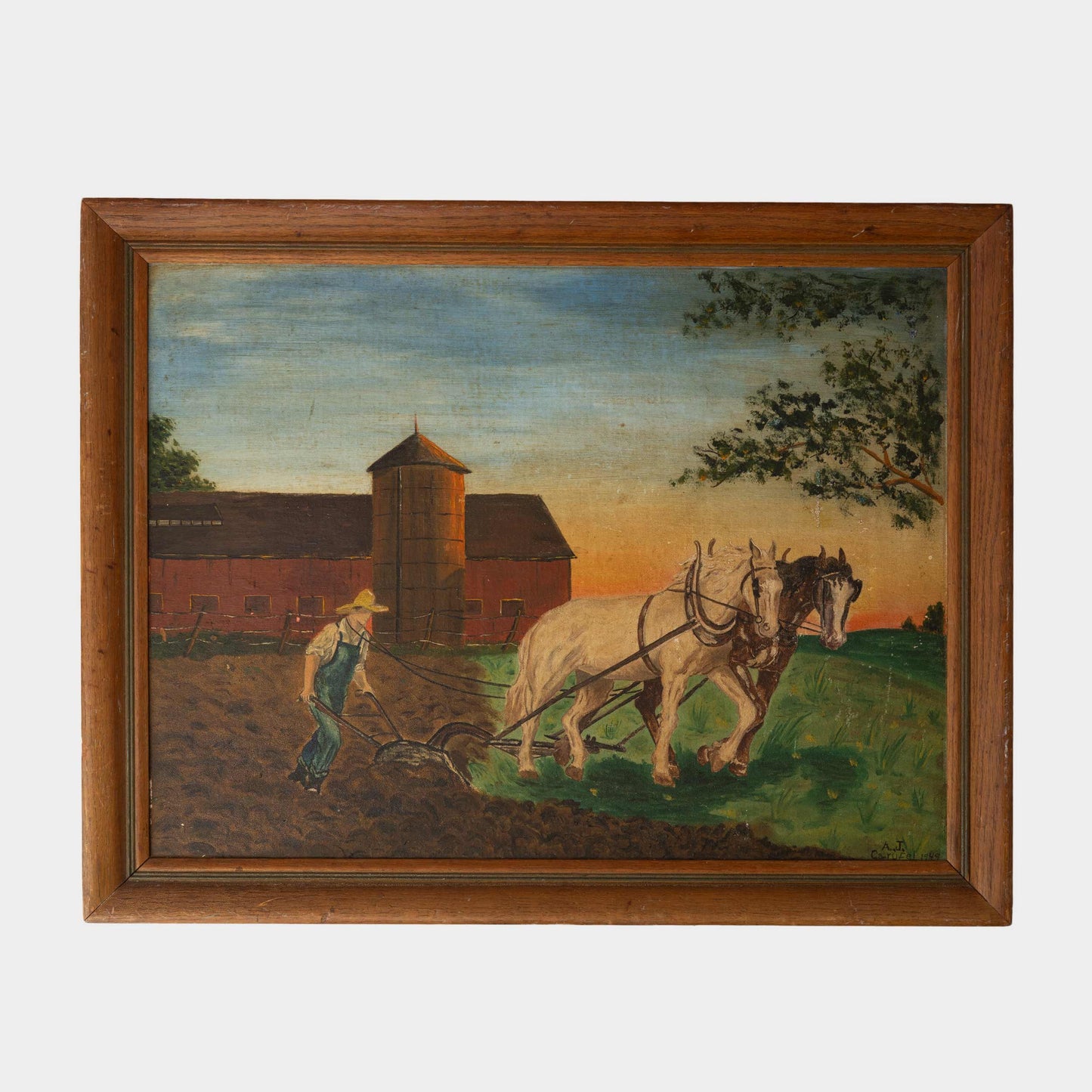 Vintage Oil Painting of Farmer with Horse-drawn Plow, 1949