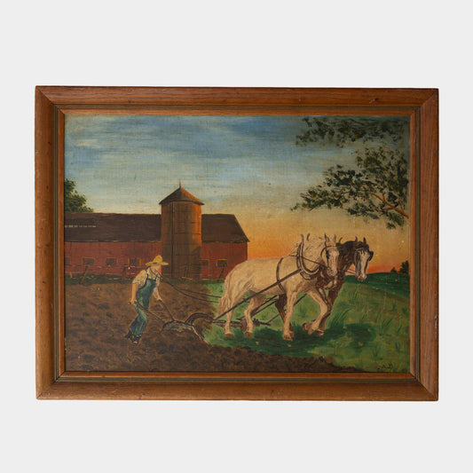 Vintage Oil Painting of Farmer with Horse-drawn Plow, 1949