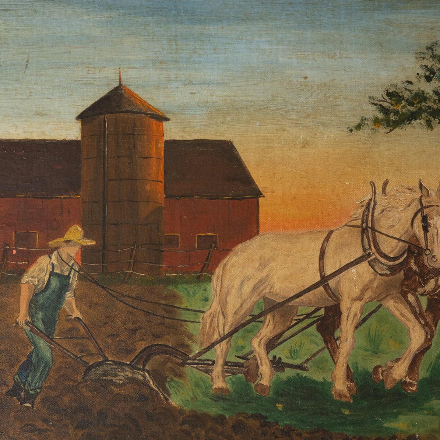 Vintage Oil Painting of Farmer with Horse-drawn Plow, 1949