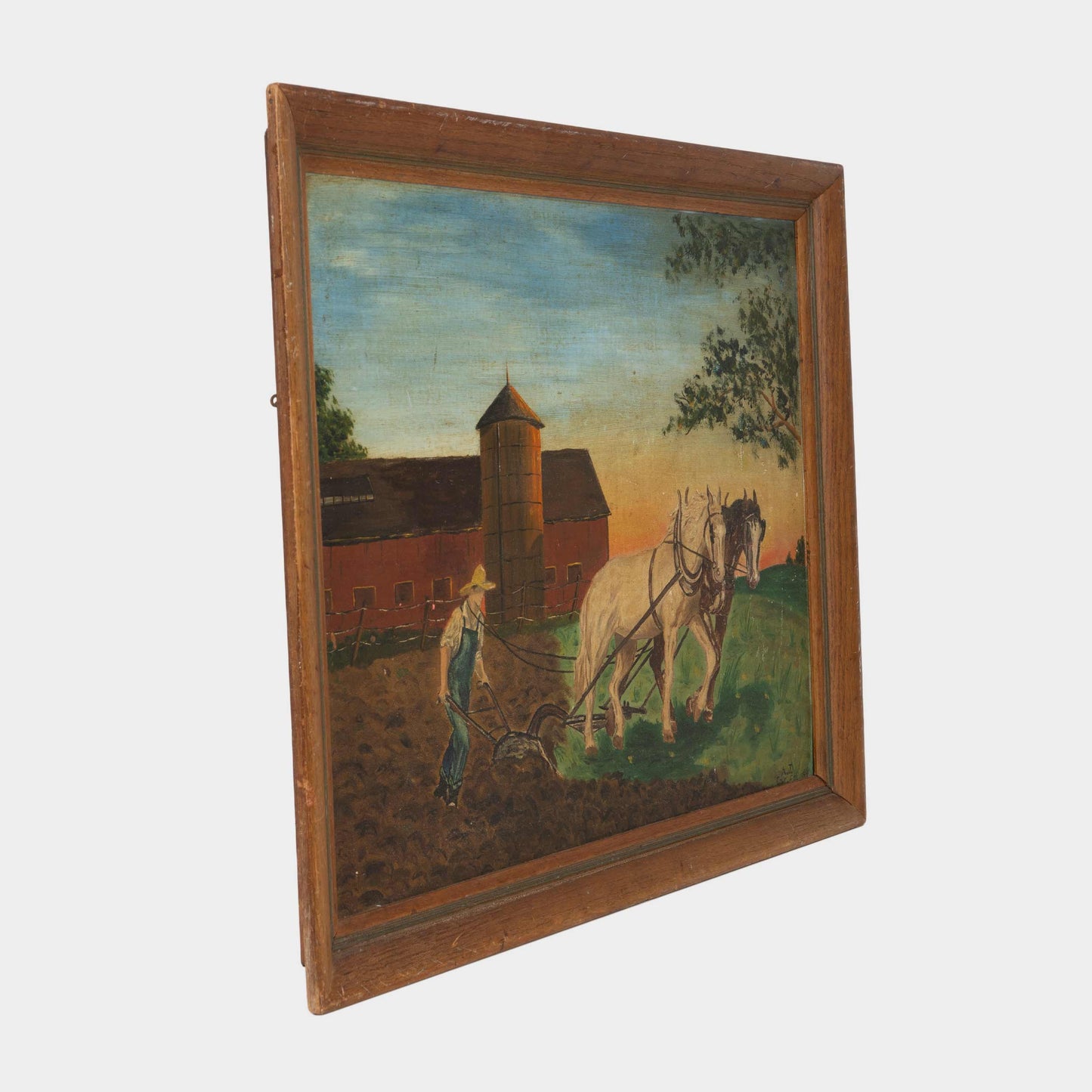 Vintage Oil Painting of Farmer with Horse-drawn Plow, 1949