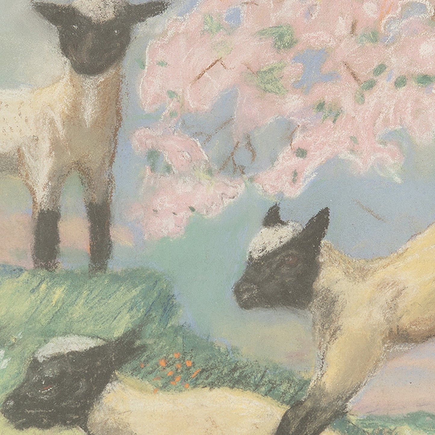 Vintage Pastel Drawing of Lambs, 1940s
