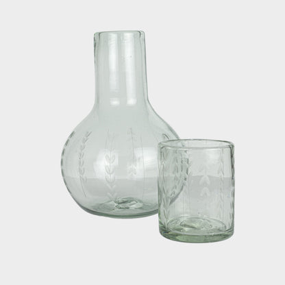 Leaf Etched Bureau Carafe in Blown Recycled Glass