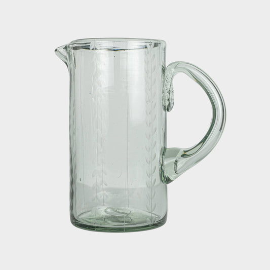 Leaf Etched Cylinder Pitcher in Blown Recycled Glass