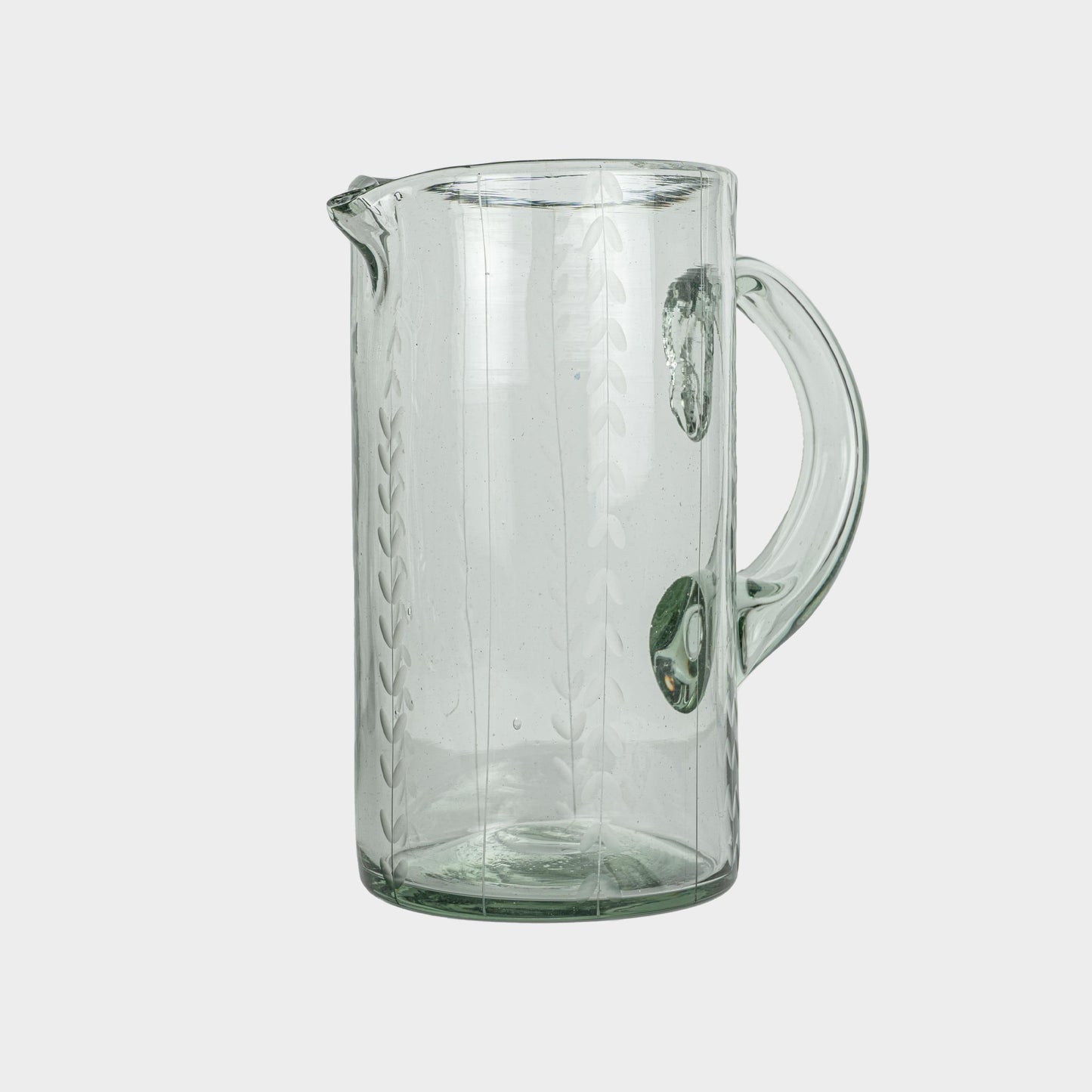 Leaf Etched Cylinder Pitcher in Blown Recycled Glass