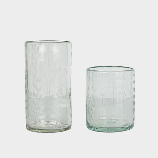 Leaf Etched Drinking Glasses in Blown Recycled Glass