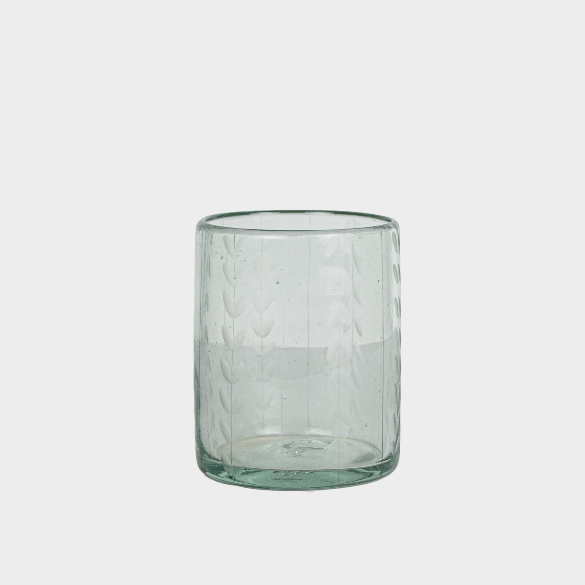 Leaf Etched Drinking Glasses in Blown Recycled Glass