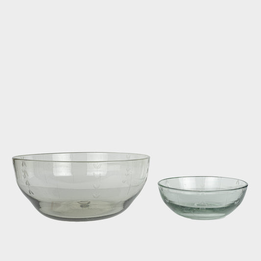 Leaf Etched Serving Bowls in Blown Recycled Glass