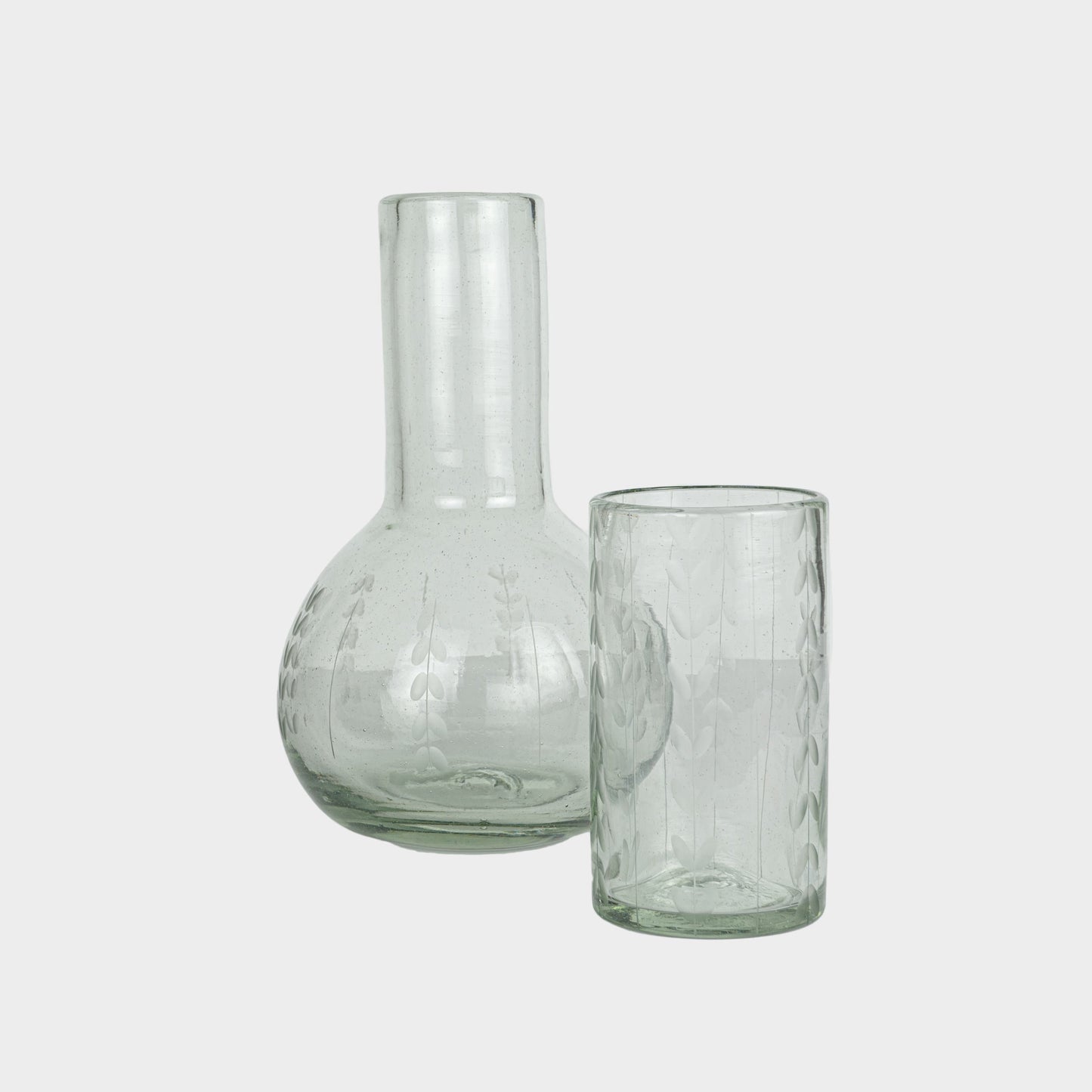 Leaf Etched Bureau Carafe in Blown Recycled Glass
