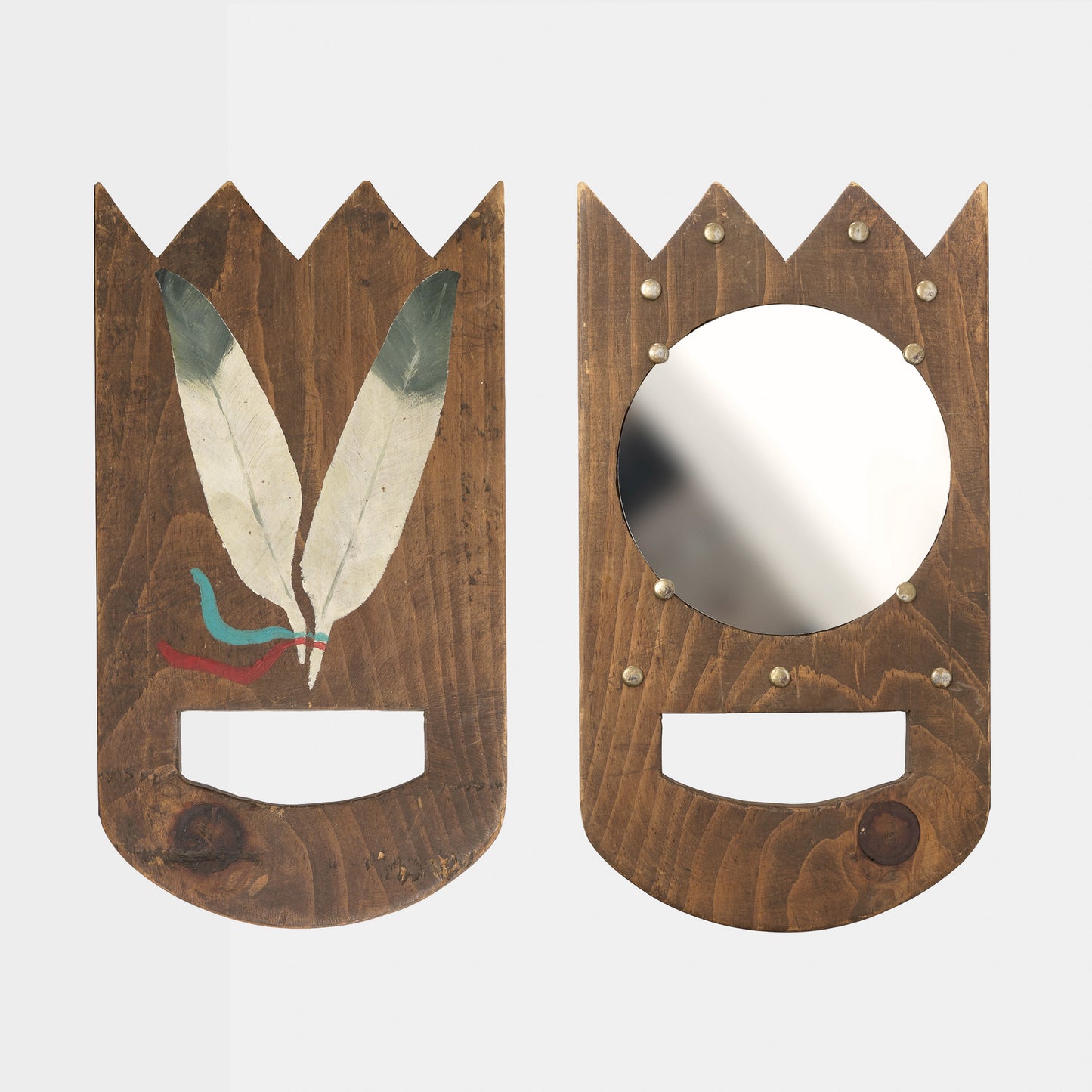 Vintage Folk Art Hand Mirror with Feather Motif