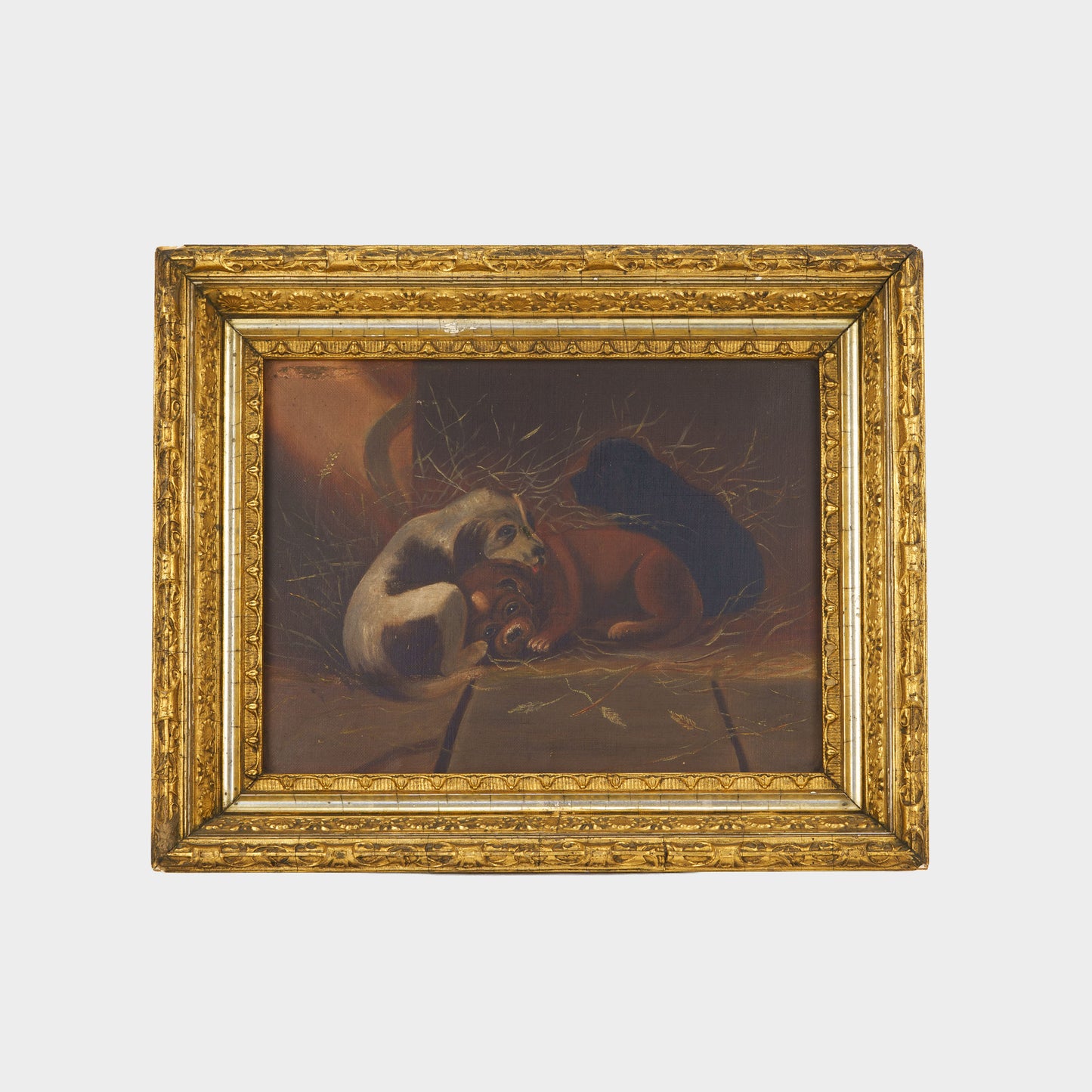 Antique Painting of Huddled Puppies, 1800s
