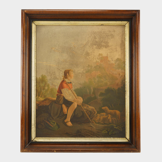 Antique Chromolithograph of Shepherd and Flock, Germany. 1800's