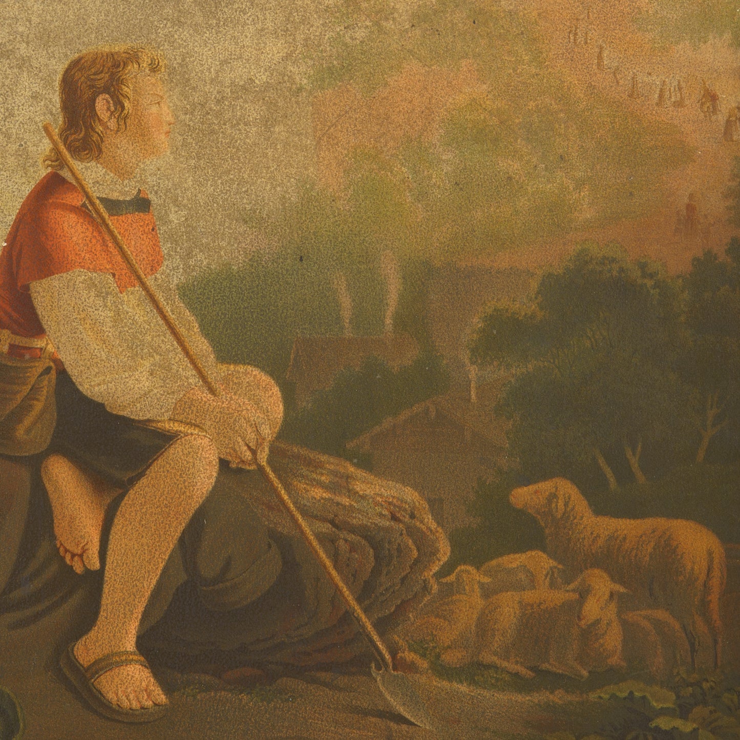 Antique Chromolithograph of Shepherd and Flock, Germany. 1800's