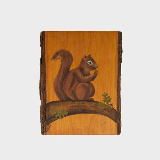 Vintage Squirrel Painting on Wood Slab, 1970's