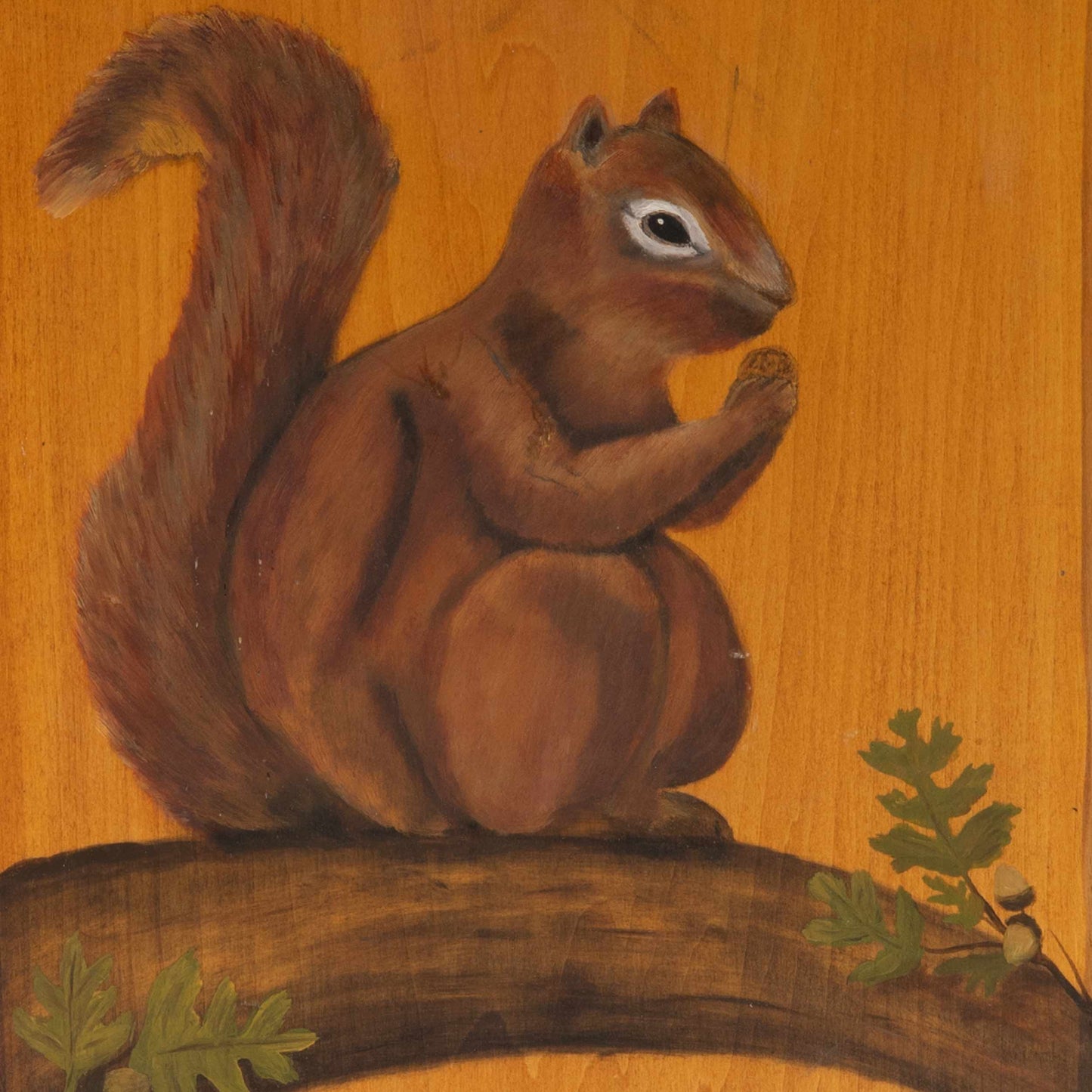 Vintage Squirrel Painting on Wood Slab, 1970's