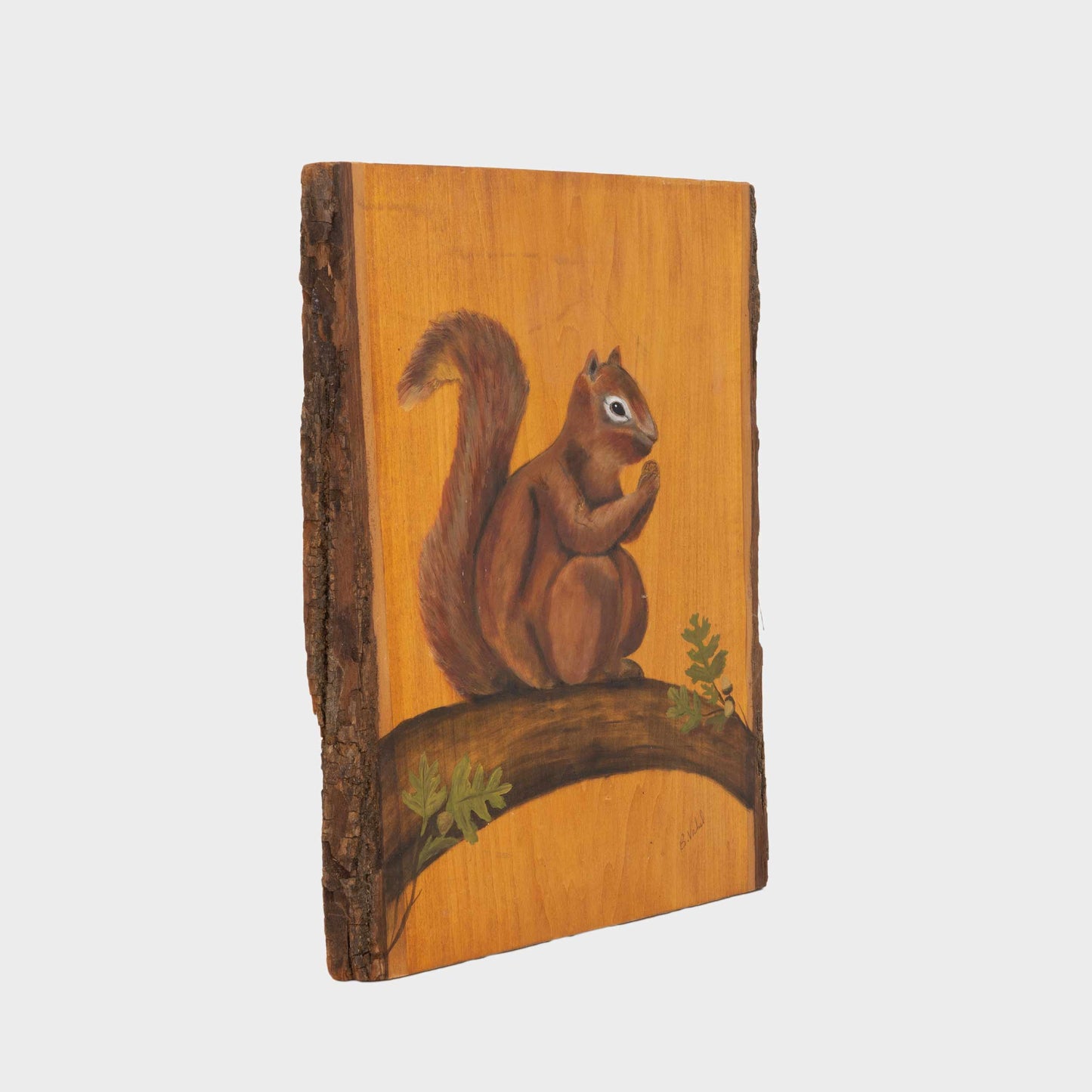 Vintage Squirrel Painting on Wood Slab, 1970's