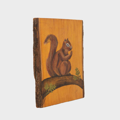 Vintage Squirrel Painting on Wood Slab, 1970's