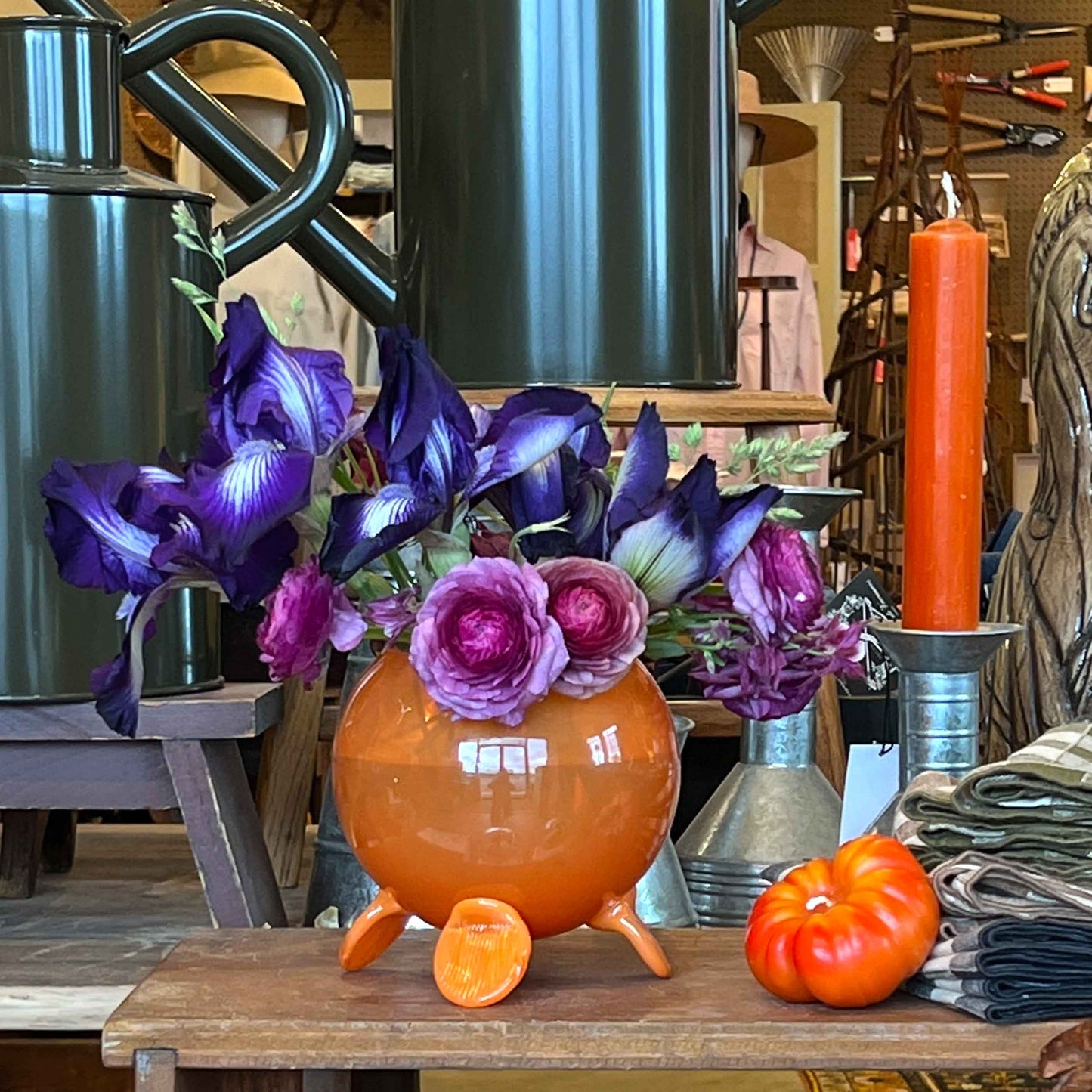 Hand Blown Footed Round Vase in Tangerine